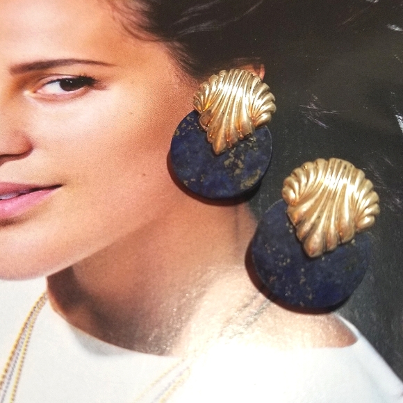 Art Deco Lapis Lazuli Sterling Silver Shell Motif Earrings - Picture 5 of 5